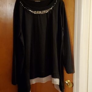 Black Top with pearls and gold beads , flare botto